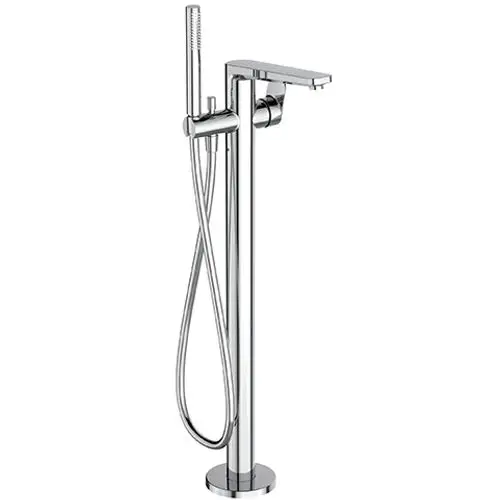 Freistehender Wannenarmatur von Ideal Standard mit Handbrause, in verchromtem Finish. Die Armatur hat einen hohen und schlanken Körper sowie eine flexible Schlauchführung.